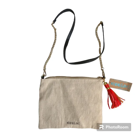 Weekend [Love] Crossbody Bag Love & Lipstick Makeup Clutch Tan Black & Red - Picture 2 of 10